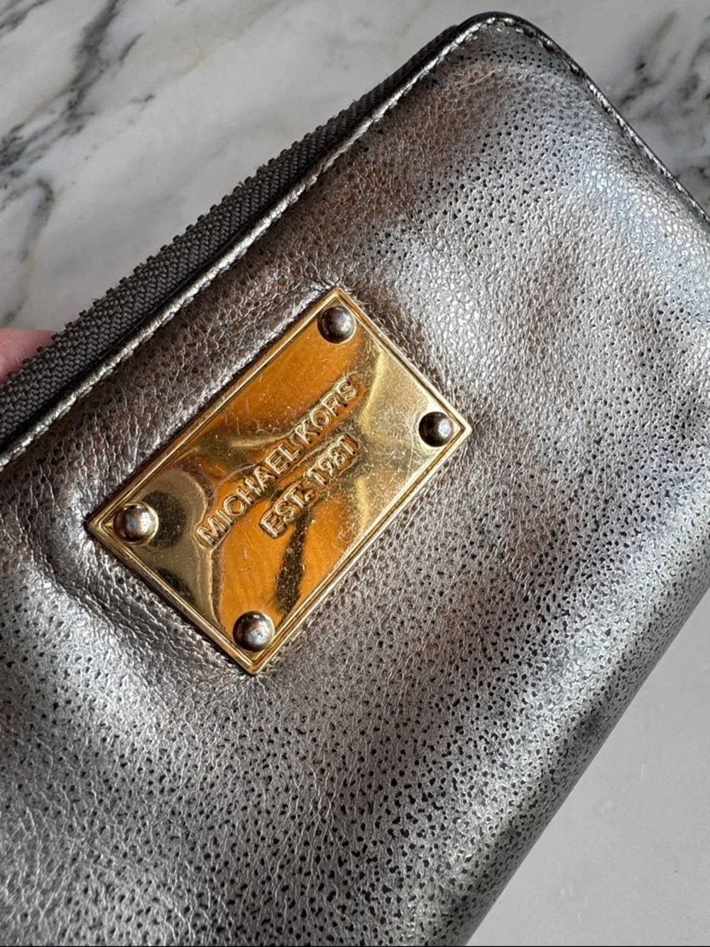 Michael Kors Metallic Pewter Leather Zip Around Wristlet Wallet Gold Hardware